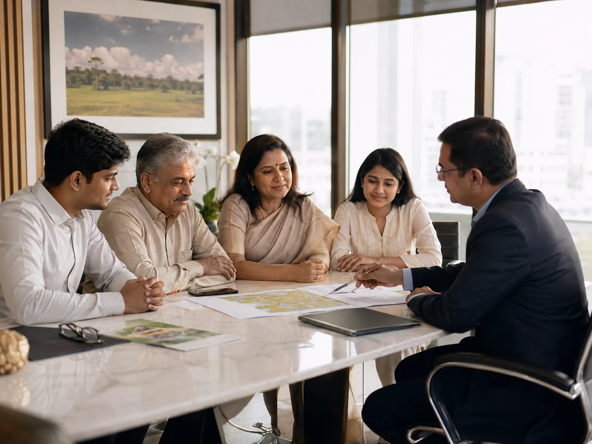 Indian family reviewing a real estate decision with an advisor